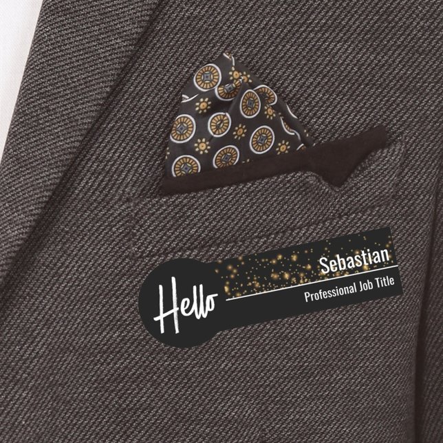 Porte-nom Bonjour Faux Gold Bokeh Black & Gold Professional (business name tag)