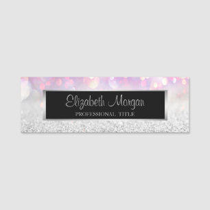 Porte-nom Cadre élégant sur fond bokeh paillettes argentées.