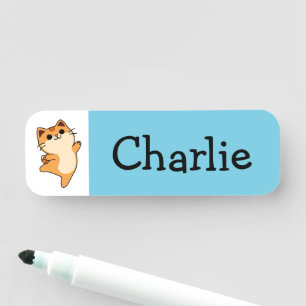 Porte-nom Chat Dessiné Orange, Personnalisé, Bleu