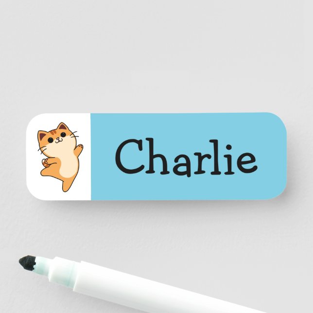 Porte-nom Chat Dessiné Orange, Personnalisé, Bleu (En situation)