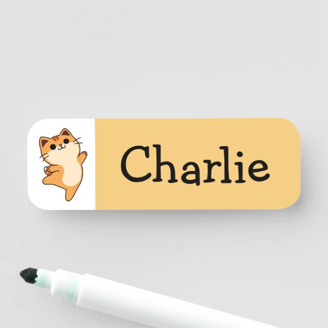 Porte-nom Chat Dessiné Orange, Personnalisé, Jaune (En situation)