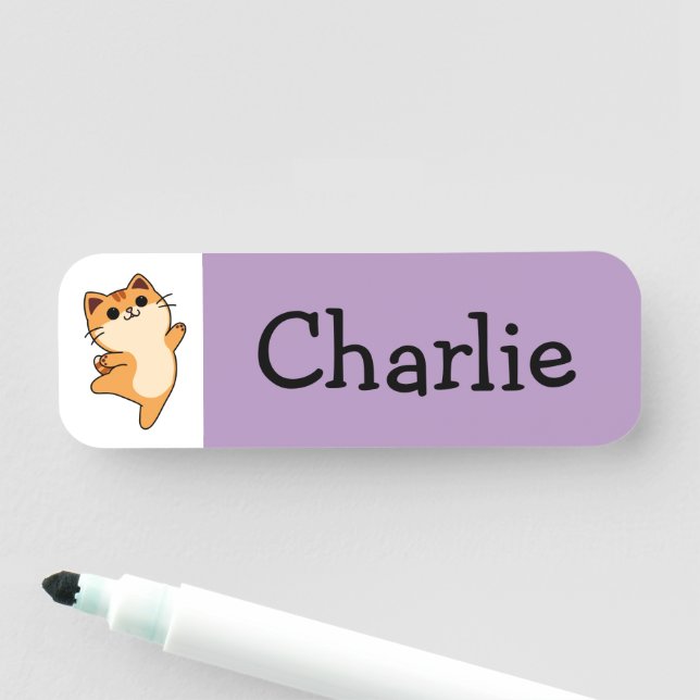 Porte-nom Chat Dessiné Orange, Personnalisé, Violet (En situation)