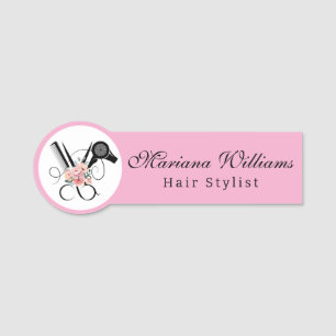 Porte-nom cheveux styliste barbier floral ciseaux rose