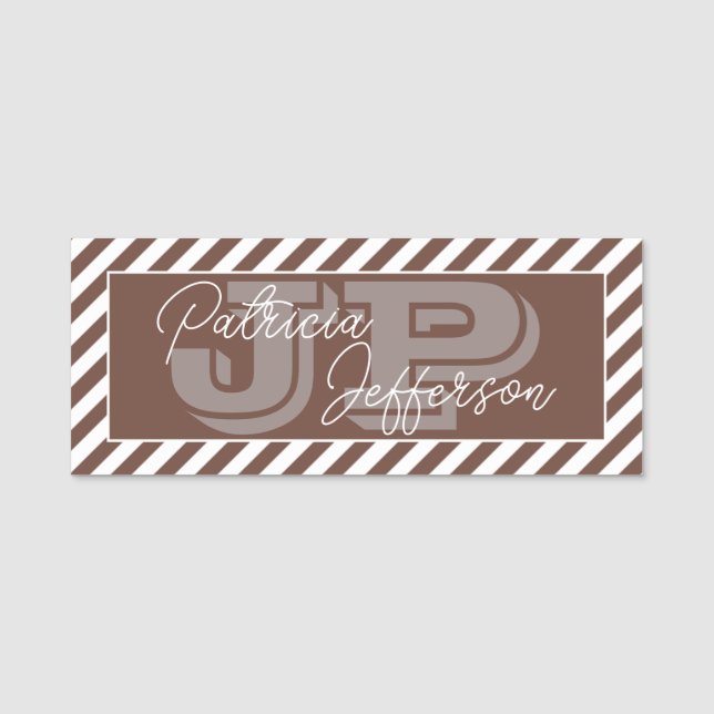 Porte-nom Chic Chocolat Brown blanc rayé Unique Monogramme (Devant)