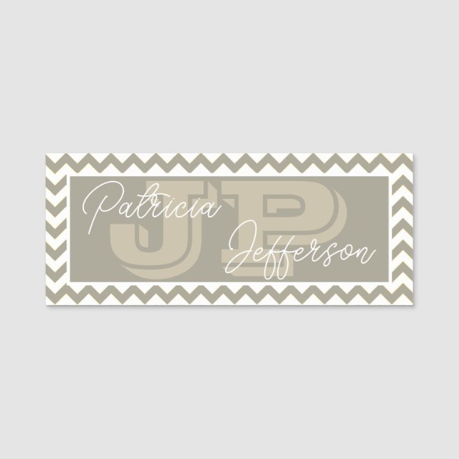 Porte-nom Chic Gris de caillou Chevron Motif : Monogramme él (Devant)