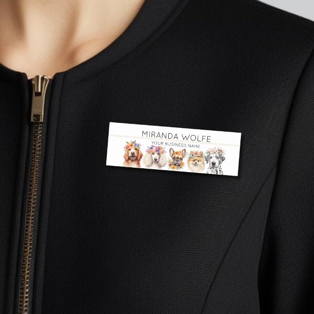 Porte-nom Chiens adorables avec couronne de fleurs, aquarell (Créateur téléchargé)