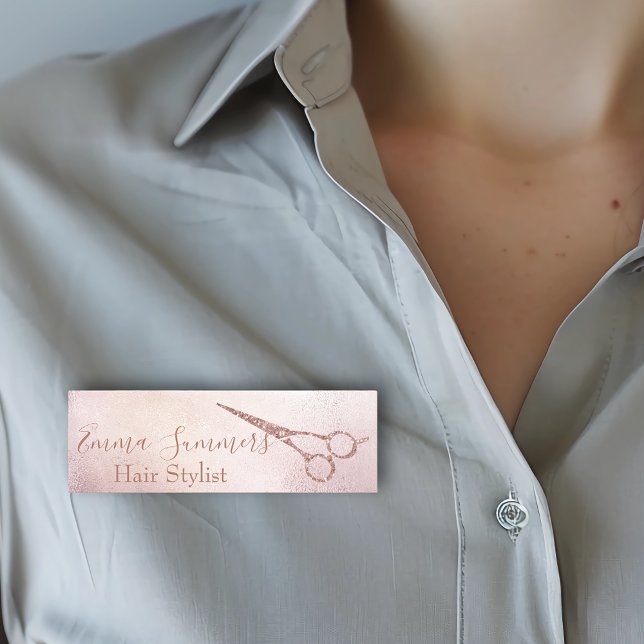 Porte-nom Ciseaux Pailletés Rose Gold Drips Coiffeur (Créateur téléchargé)