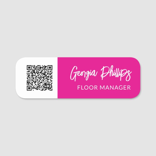 Porte-nom Code QR Fuchsia & Blanc Écriture Pinceau (Devant)