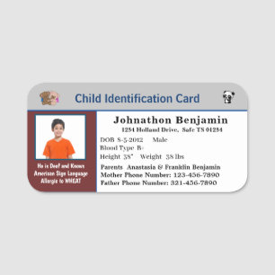 Porte-nom Contacts père mère Carte d'identité enfant Pers
