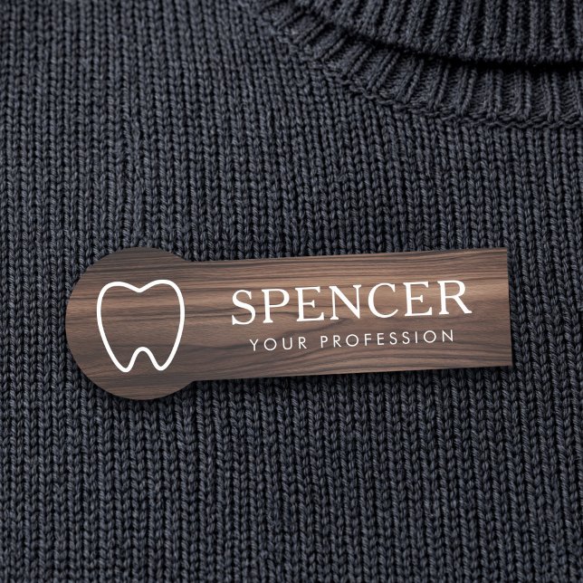Porte-nom Contour de dent aspect bois foncé dentiste cliniqu (Tooth outline dark wood look dentist dental clinic name tag)