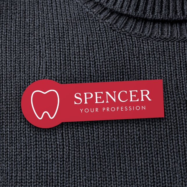 Porte-nom Contour de dent rouge dentiste clinique dentaire (Tooth outline red dentist dental clinic name tag)