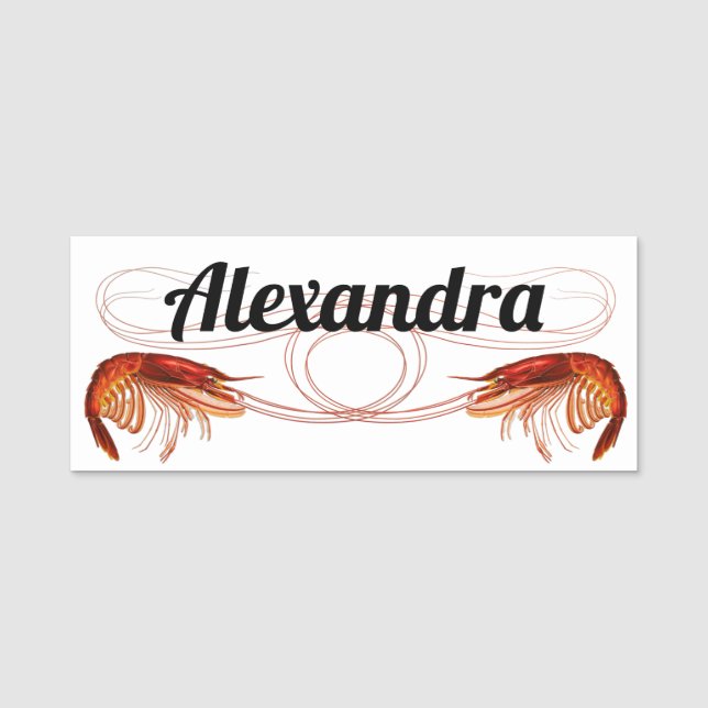 Porte-nom Crevettes rouges fantaisie sur blanc     (Devant)