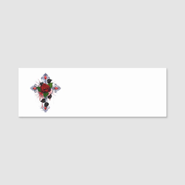 Porte-nom Croix d'argent avec une rose rouge (Devant)