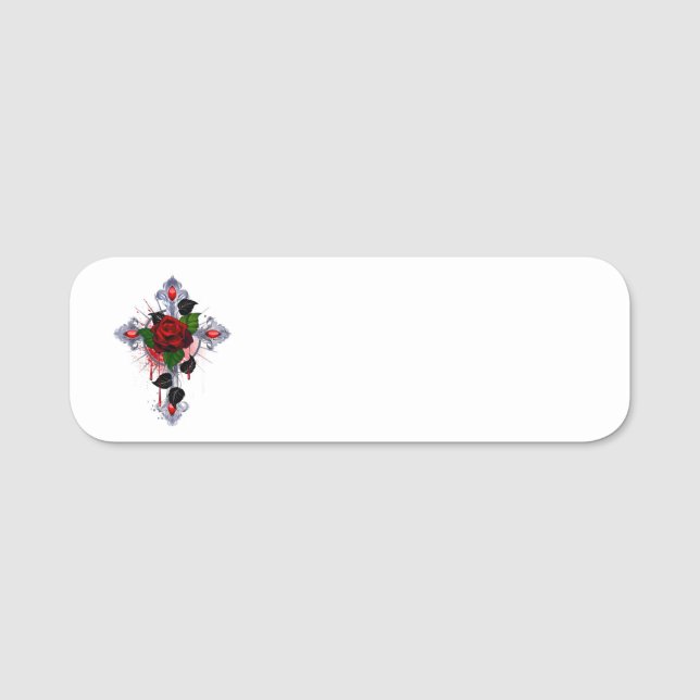Porte-nom Croix d'argent avec une rose rouge (Devant)