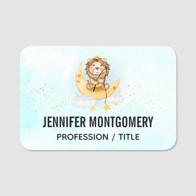 Porte-nom Cute Lion Pêche sur l'aquarelle de la lune (Devant)