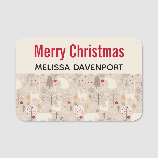Porte-nom Cute Woodland Animaux Nordic Motif Noël (Devant)