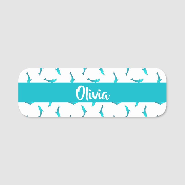 Porte-nom Dauphins bleus sur blanc  (Devant)