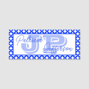 Porte-nom Deux tons bleu et blanc avec monogramme de bordure