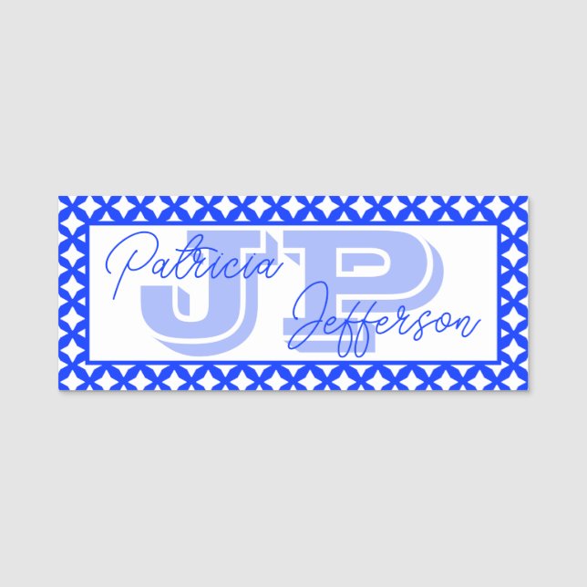 Porte-nom Deux tons bleu et blanc avec monogramme de bordure (Devant)