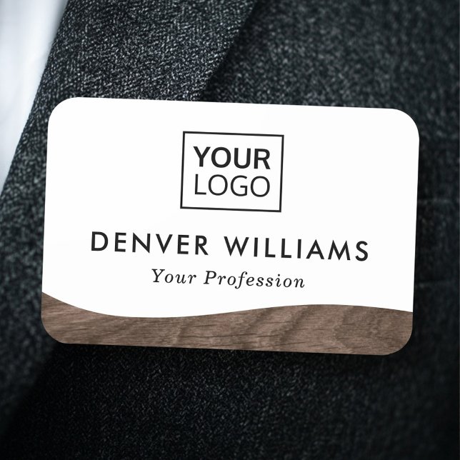 Porte-nom Élégant ajouter logo brun fil de bois vague blanc (Elegant add logo brown woodgrain wave border white name tag)