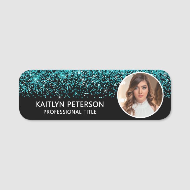 Porte-nom Elegant Aqua Glitter Magnetic Employee Photo ID  (Devant)