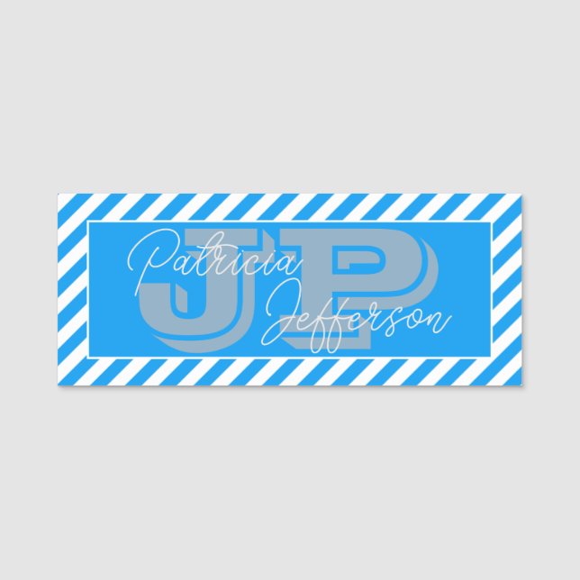 Porte-nom Elégant bleu clair azur & blanc rayé : Monogramme (Devant)