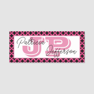 Porte-nom Elégant cabaret rose treillis noir Monogramme tend