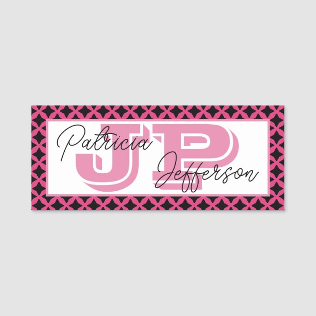Porte-nom Elégant cabaret rose treillis noir Monogramme tend (Devant)