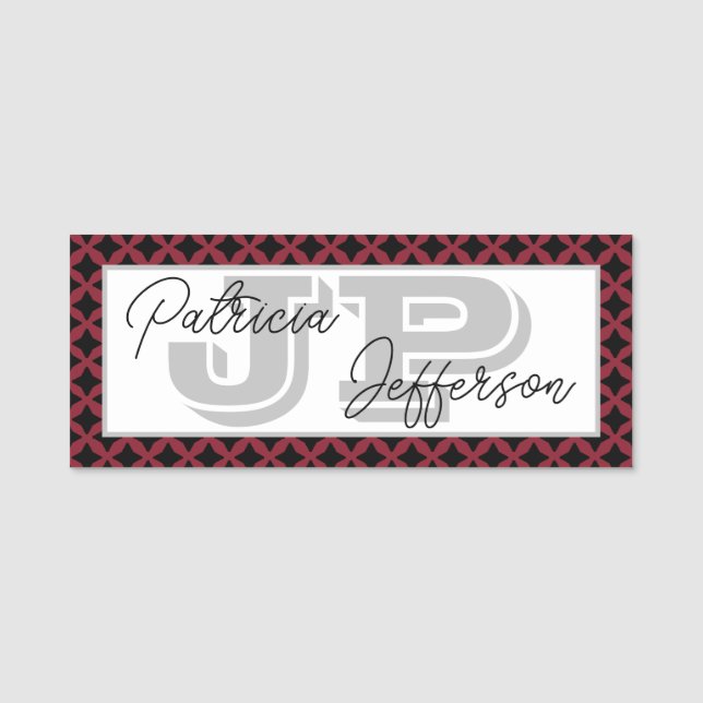 Porte-nom Élégant Cinnabar Rouge Black Lattice Unique Monogr (Devant)