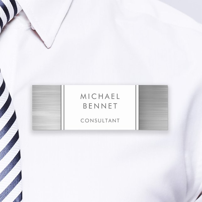 Porte-nom Élégant gris argent brossé métallisé Entreprise (Elegant Silver Gray Brushed Metallic Business Name Tag)