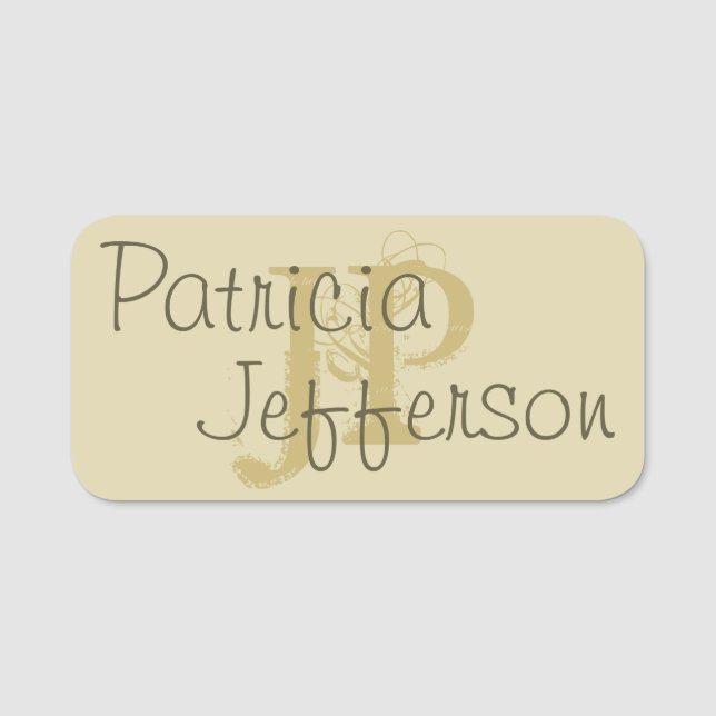 Porte-nom Élégant Monogramme Beige et or : Calligraphie (Devant)