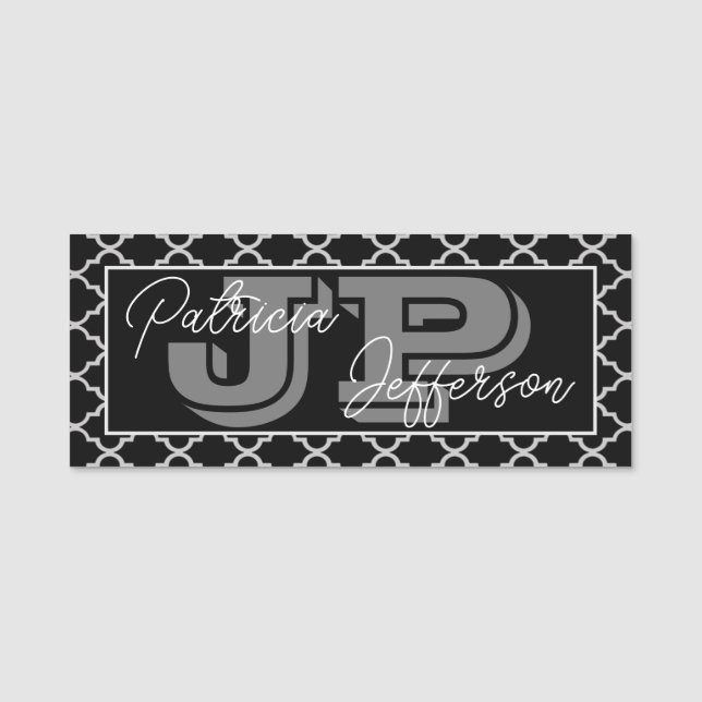 Porte-nom Élégant Monogramme de Quatrefoil Marocain Noir & B (Devant)