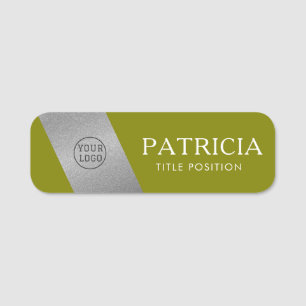 Porte-nom Élégant Olive Green & Logo en argent brillant de l