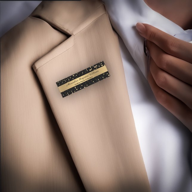 Porte-nom Elégant Parties scintillant or Sparkle Black Perso (Elegant Gold Glitter Sparkle Black Personalize Name Tag  wear at work or convention. Personalize it.)