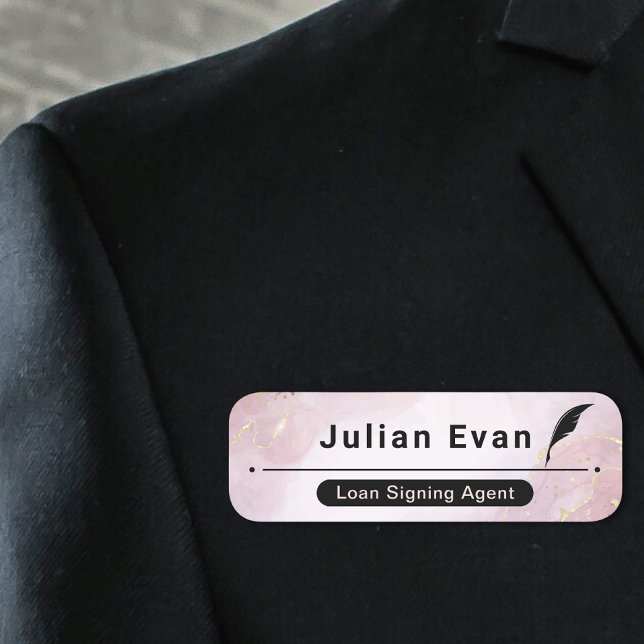 Porte-nom Elégant Rose or rose marbre Quill Icon Notaire (Créateur téléchargé)