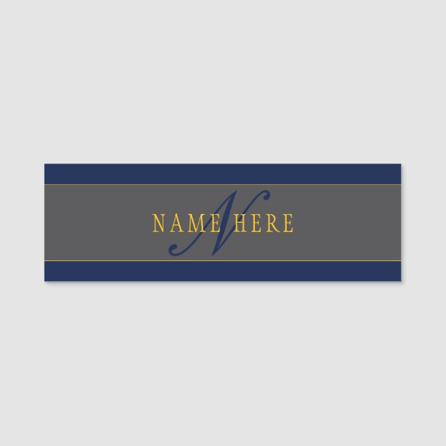 Porte-nom Élégant Script Monogram Dark Navy Blue Grey & Gold (Devant)