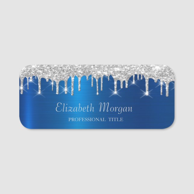 Porte-nom Elegant Silver Glitter Drips Blue Metallic (Devant)