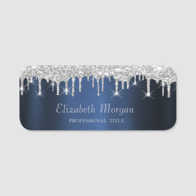 Porte-nom Elegant Silver Glitter Drips Navy Blue (Devant)