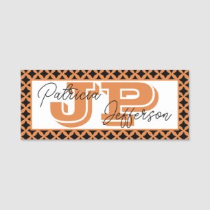 Porte-nom Elégant treillis Orange Et Noir : Monogramme Branc