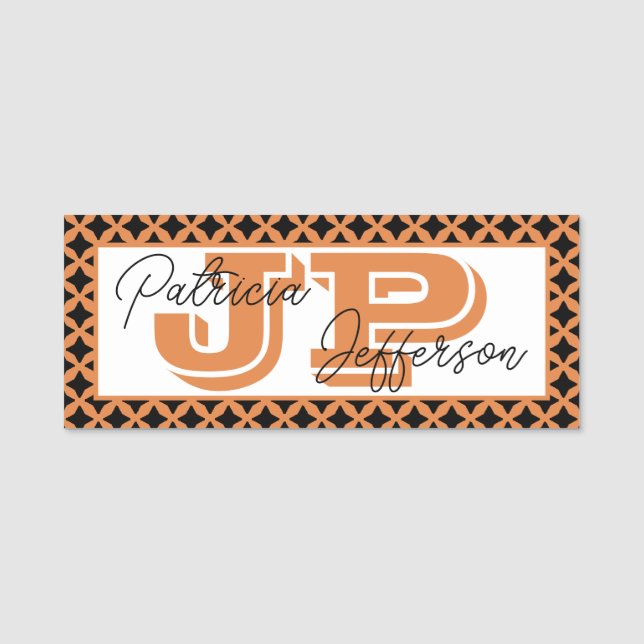 Porte-nom Elégant treillis Orange Et Noir : Monogramme Branc (Devant)