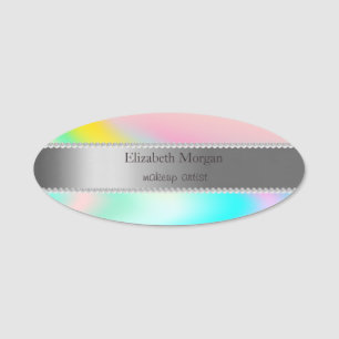 Porte-nom Élégante rayure argentée, perles ombré holographiq