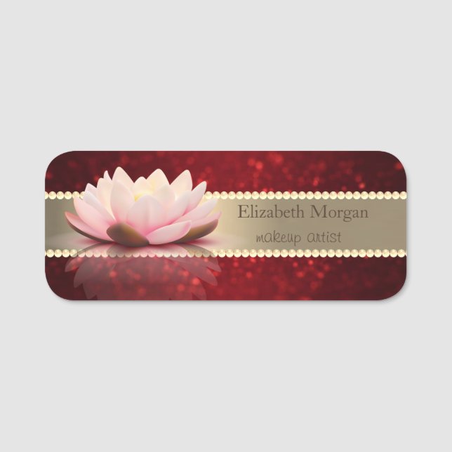 Porte-nom Elegante Rayure Dorée,Rouge Bokeh,Perles,Lotus (Devant)