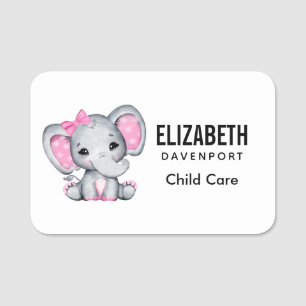Porte-nom Eléphant de bébé rose mignon avec oreilles Poka Do