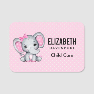Porte-nom Eléphant de bébé rose mignon avec oreilles Poka Do