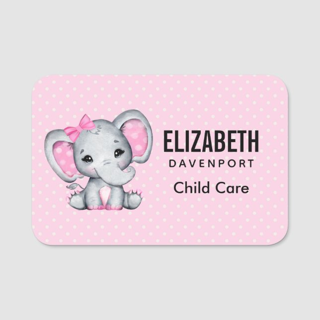 Porte-nom Eléphant de bébé rose mignon avec oreilles Poka Do (Devant)