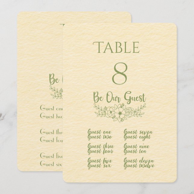 Porte-nom et numéro de table jaune beurre et vert  (Devant / Derrière)