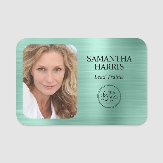 Porte-nom Faux Light Teal Foil Logo et Photo (Devant)