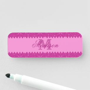 Porte-nom Fille rose parties scintillant zigzag, monogramme