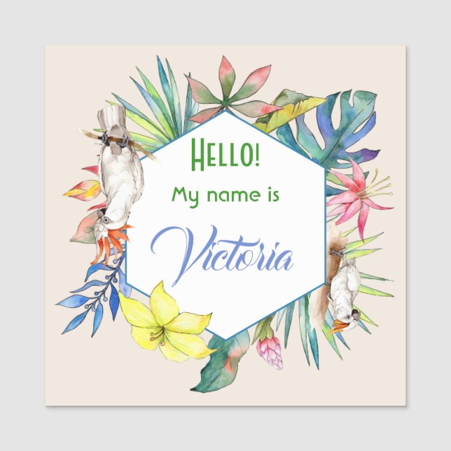 Porte-nom Fleurs d'aquarelle tropicale et oiseaux Grand Carr (Devant)