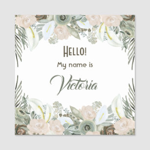 Porte-nom Fleurs d'aquarelle vert Sage Grand Carré